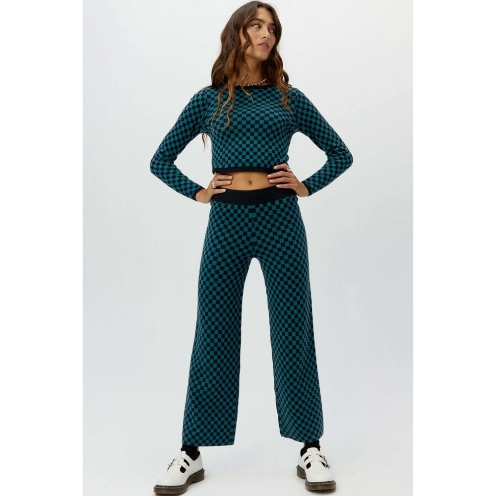 Daydreamer Women's Fitted Pullover Sweater Teal Check Size XS